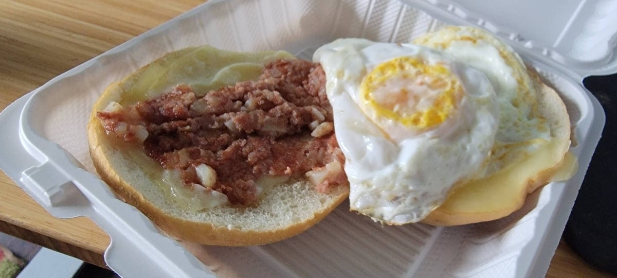 Corned Beef Hash & Egg Sandwich.